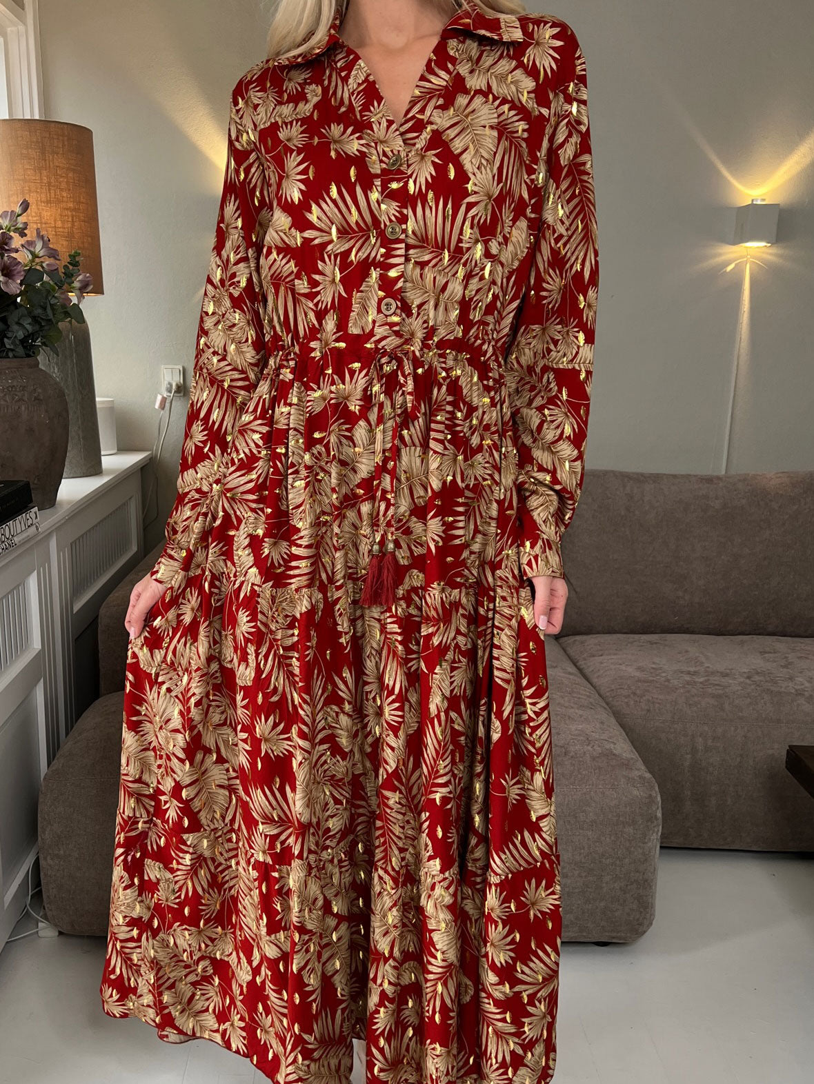 Naia - Lang skjortekjole med mønster og bindebånd